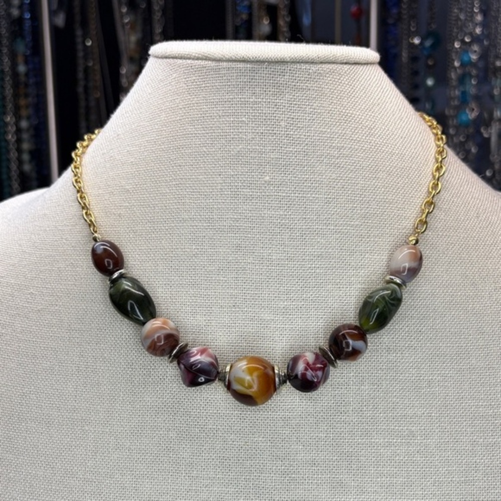 Gold Tone Chain Necklace with Acrylic Multicolor Beads